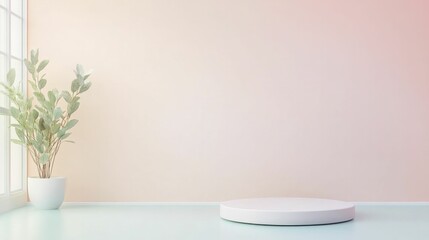 A minimalist room with a potted plant by the window and a round platform on the floor