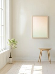 A minimalist room with a soft gradient artwork a wooden stool and a potted plant bathed in natural light