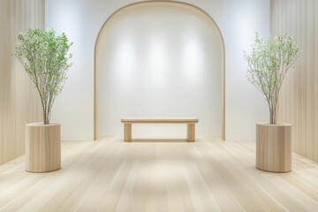 A minimalist room with a wooden bench and two potted plants bathed in soft natural light