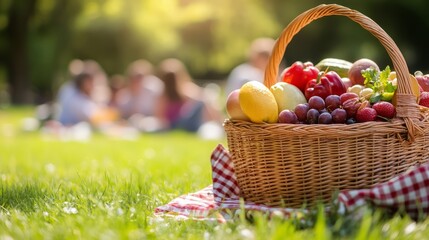 Close-up of a picnic basket filled with food, with friends in the background enjoying in holiday.
