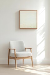 A minimalist sunlit room with a cozy chair and a serene painting on the wall