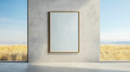 A minimalist wall art framed by vast fields and bright blue skies