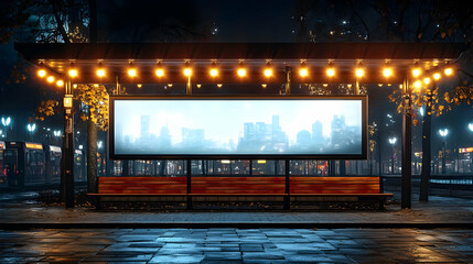 Nighttime bus stop with illuminated signage and city skyline backdrop.