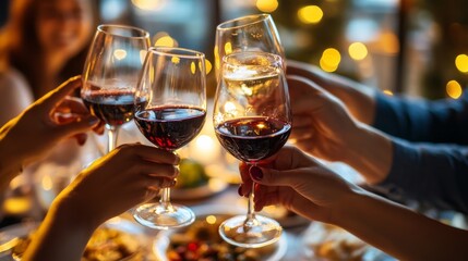 Close-up of friends clinking wine glasses over a delicious dinner, capturing the moment of celebration.