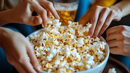 Close-up of friends hands reaching into a bowl of popcorn during a movie night, the focus on the snacks and fun.