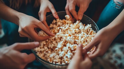 Close-up of friends hands reaching into a bowl of popcorn during a movie night, the focus on the snacks and fun.
