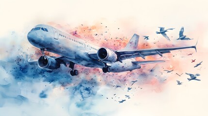 An imaginative airplane, painted in soft blues and pinks, flies in unison with elegant birds, their flight paths forming graceful arcs in watercolor
