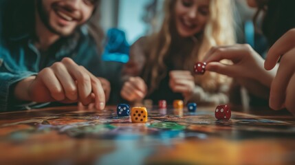 Close-up of friends rolling dice and moving pieces on a board game, capturing the excitement and focus.