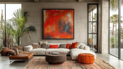 eclectic living room interior with a focal wall adorned by an oversized abstract painting midcentury modern furniture contrasts with bohemian textiles creating a harmonious blend of styles