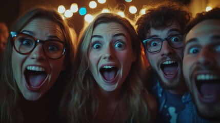 Obraz premium Close-up of friends with excited expressions as they prepare to surprise someone at a party.