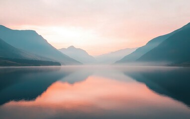 Serene Mountain Lake at Sunrise Reflecting Soft Pink Hues With Mist Settling Over the Water