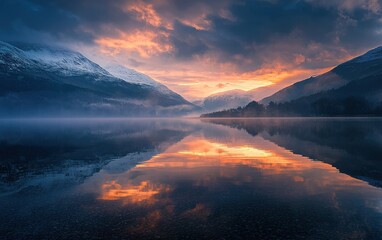 Tranquil Sunset Over a Calm Reflective Lake Surrounded by Majestic Mountains in the Heart of Nature