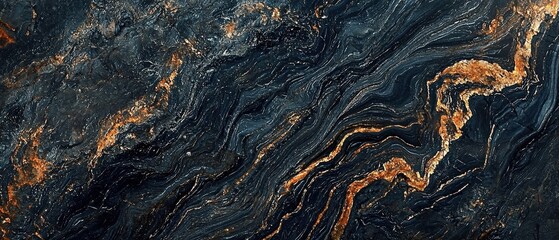 Naklejka premium Polished Granite Surface Showcasing Smooth Textures and Striking Patterns in Elegant Black and Golden Hues