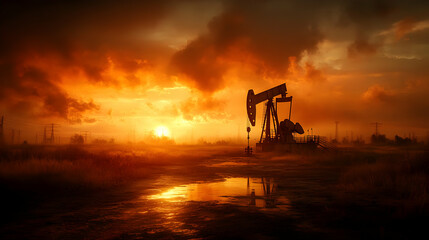 Sunset over an oil pump in a desolate landscape.