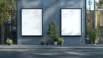 Two blank billboards on a modern building facade with greenery.