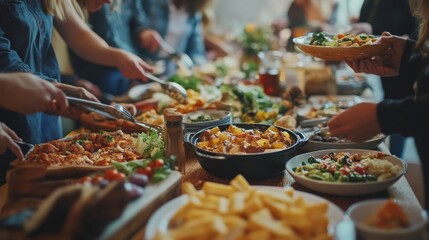 Close-up of friends serving themselves from a variety of dishes at a potluck, the food looking delicious and plentiful.