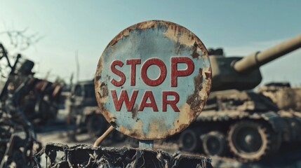 Stop War Sign Amidst Destruction