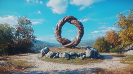 Fototapeta premium Wooden sculpture in the shape of a loop on a scenic landscape.