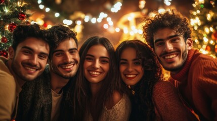Obraz premium A group of friends posing together in front of a festive backdrop in party, everyone smiling and enjoying the moment.