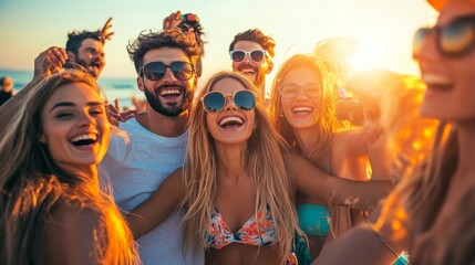 Fototapeta premium A portrait of a group of friends having a great time at a beach party, with the sun setting in the background.