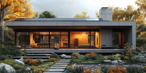 A modern, concrete home with large windows overlooks a landscaped yard with a stone path.