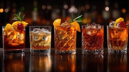 elegant cocktail arrangement sophisticated glassware artisanal spirits moody black background dramatic lighting upscale bar ambiance