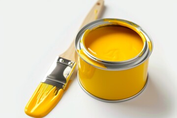 A can of bright yellow paint and a brush resting on a clean white background ready for a creative project or home improvement task