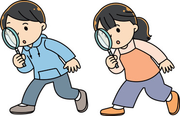 虫眼鏡で観察する子供