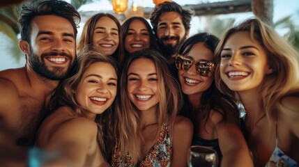 Fototapeta premium Group of friends huddled together for a selfie, capturing the fun and camaraderie.