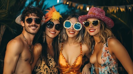 Group of friends posing in retro costumes at a themed party, their outfits and smiles capturing the fun vibe.