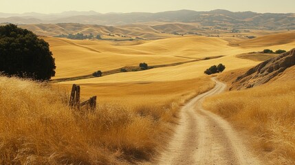 Obraz premium Winding Dirt Road Through Golden Hills and Grass