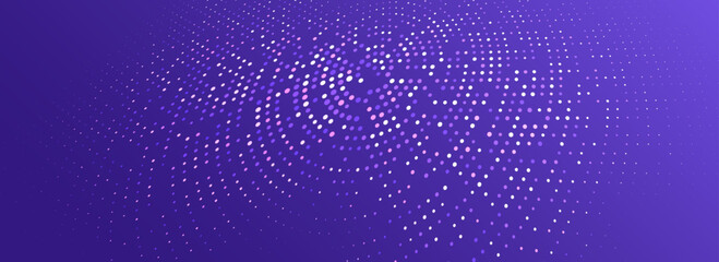Purple glowing dotted texture. Abstract dot grid wallpaper. Curved halftone pattern backdrop. Modern technology, business, science, healthcare, medicine, presentation design background. Vector