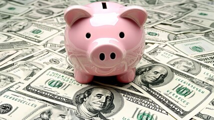 A cheerful pink piggy bank amidst a sea of dollar bills.