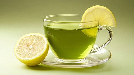 Cup of green tea with a lemon wedge, a brain-stimulating beverage rich in antioxidants
