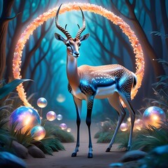 Fantasy illustration of an antelope in a mystical forest with glowing orbs
