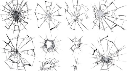 Various patterns of cracks in shattered glass, isolated on a white background, showcasing different types of impacts