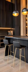 A luxurious modern kitchen with dark wooden cabinets, integrated high-end appliances, and a central island with seating