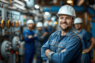 Industrial Workers In Factory Smiling Confident Confidently Blue Uniforms White Helmets