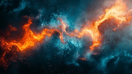 Abstract art depicting fiery orange and blue swirls against a dark background