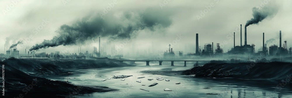 Poster a dense layer of smog hangs over a cityscape, where factory silhouettes rise against a river choked 