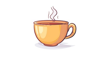 Fototapeta premium A cute cartoon cup of hot tea, with steam rising, isolated on a white background