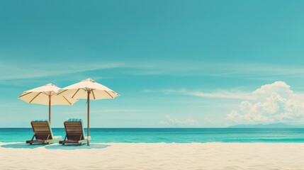 Fototapeta premium Relaxing Beach Paradise with Two Loungers Under Umbrellas