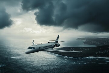 plane flies over the island in a storm