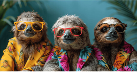 Three Sloths In Tropical Shirts And Glasses Sitting Together