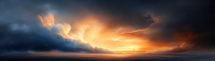 Obraz premium Stunning sunset over calm water, with dramatic clouds and vibrant colors reflecting in the sky, creating a serene atmosphere.