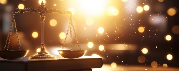 Elegant scales of justice reflecting light, symbolizing law, fairness, and balance in a captivating and serene setting.