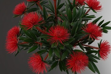 Obraz premium 3D Representation of Ruby Red Banksia Spinulosa with Barbed Leaves and Bright Season Blooms