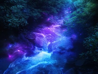 A serene stream illuminated with enchanting purple and blue lights, surrounded by lush green foliage, creating a magical atmosphere.