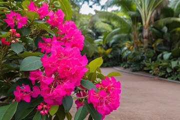 Stunning Bougainvillea Glabra with Lush Tropical Park Background