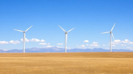 A serene landscape with wind turbines against a clear blue sky, illustrating renewable energy and sustainable practices in nature.